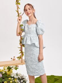 SHEIN 青少年女孩雞心領花卉提花荷葉邊下擺上衣和半身裙套裝 - 淺藍色 - 查看 5