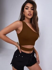 SHEIN Privé Top Corto Acanalado Con Hombro Descubierto - Café integral - Ver 4