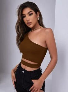 SHEIN Privé Top Corto Acanalado Con Hombro Descubierto - Café integral - Ver 5