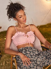 SHEIN Unity 褶邊結飾吊帶短版上衣 - 淺粉色 - 查看 1