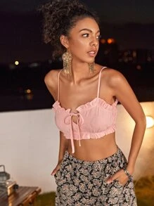 SHEIN Unity 褶邊結飾吊帶短版上衣 - 淺粉色 - 查看 4