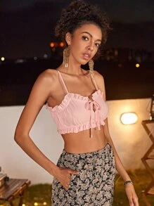 SHEIN Unity 褶邊結飾吊帶短版上衣 - 淺粉色 - 查看 5