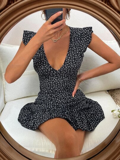 Pariaura Plunging Neck Ruffle Hem Ditsy Floral Dress