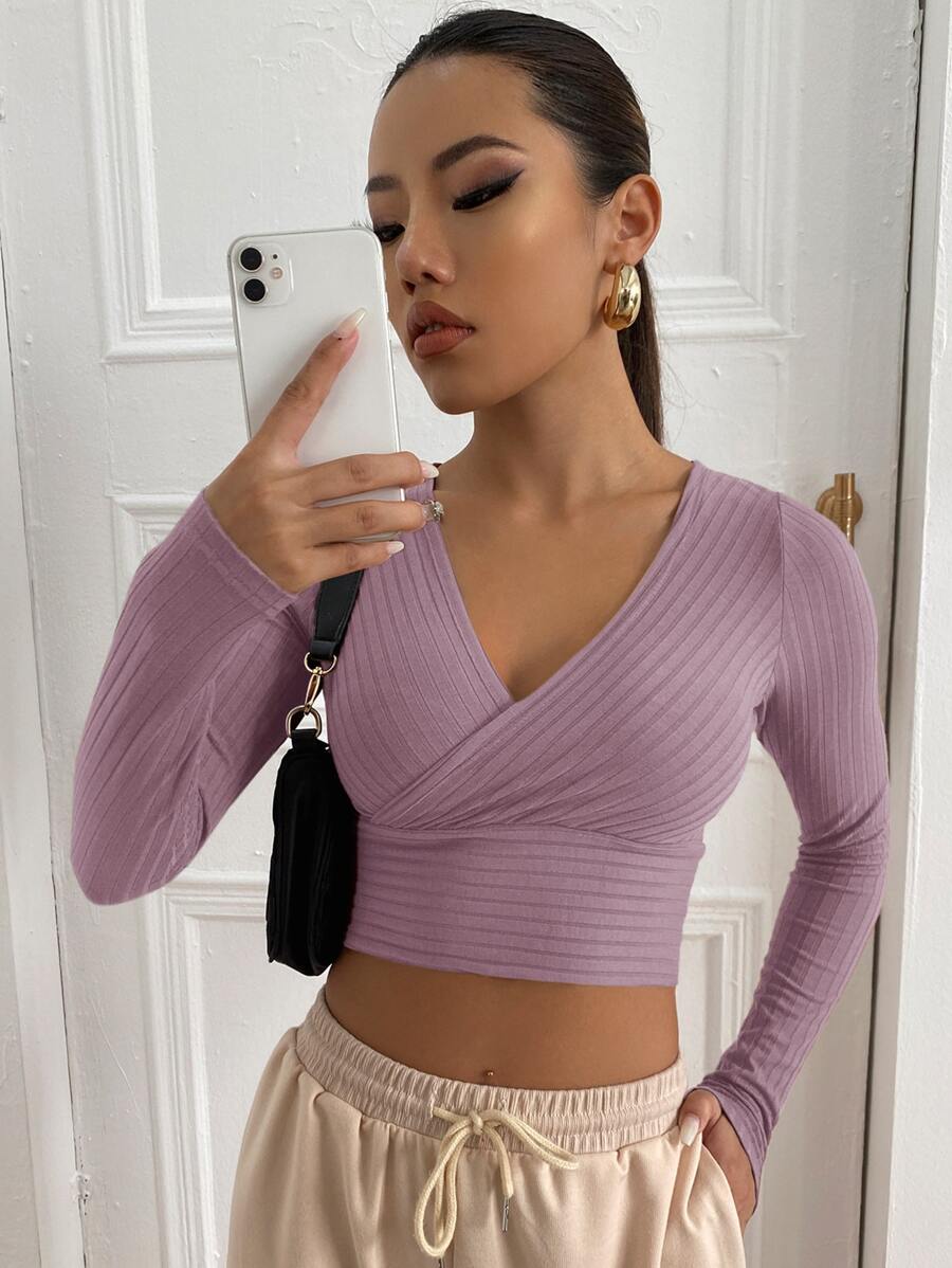 SHEIN EZwear Surplice Neck Rib-knit Crop Tee - Dusty Purple - View 1