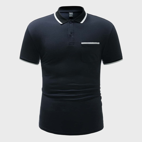 

Men Contrast Trim Pocket Patched Polo Shirt, Navy blue