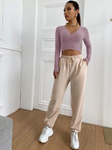 SHEIN EZwear Surplice Neck Rib-knit Crop Tee - Dusty Purple - View 3