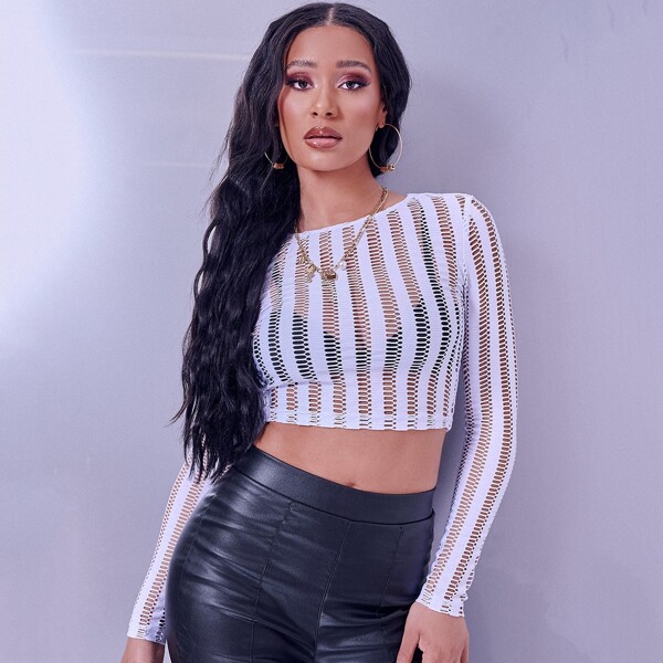 

Open Knit Crop Top Without Bra, White