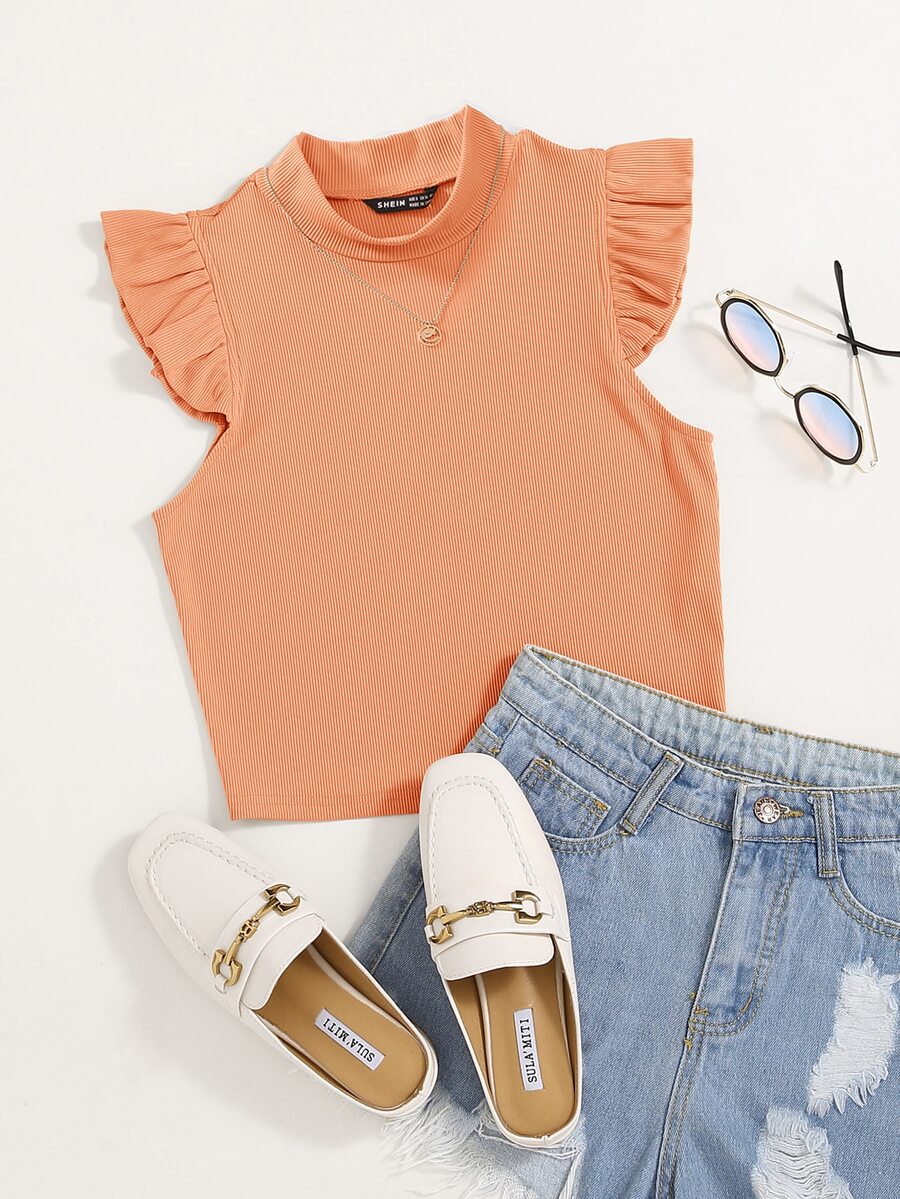 SHEIN Essnce Solid Rib Knit Ruffle Trimed Top - Coral Orange - View 1