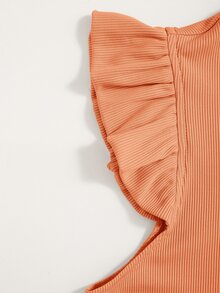 SHEIN Essnce Solid Rib Knit Ruffle Trimed Top - Coral Orange - View 4