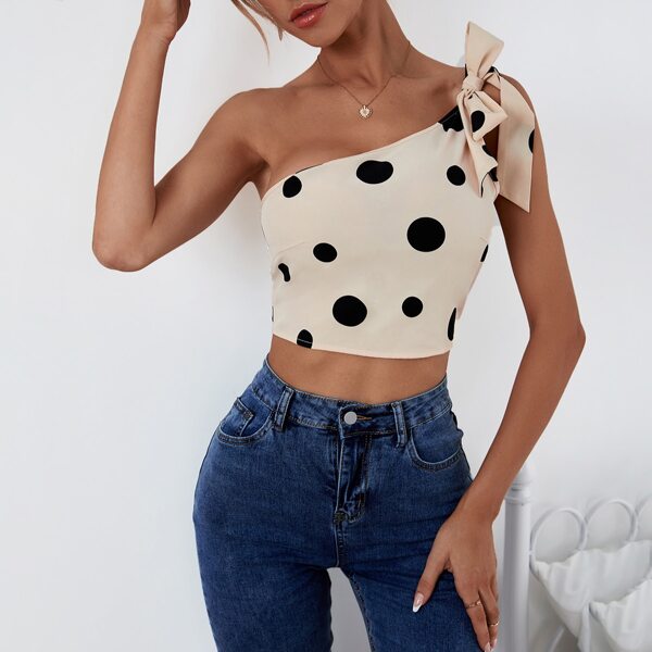 

One Shoulder Knot Straps Polka Dot Crop Top, Multicolor