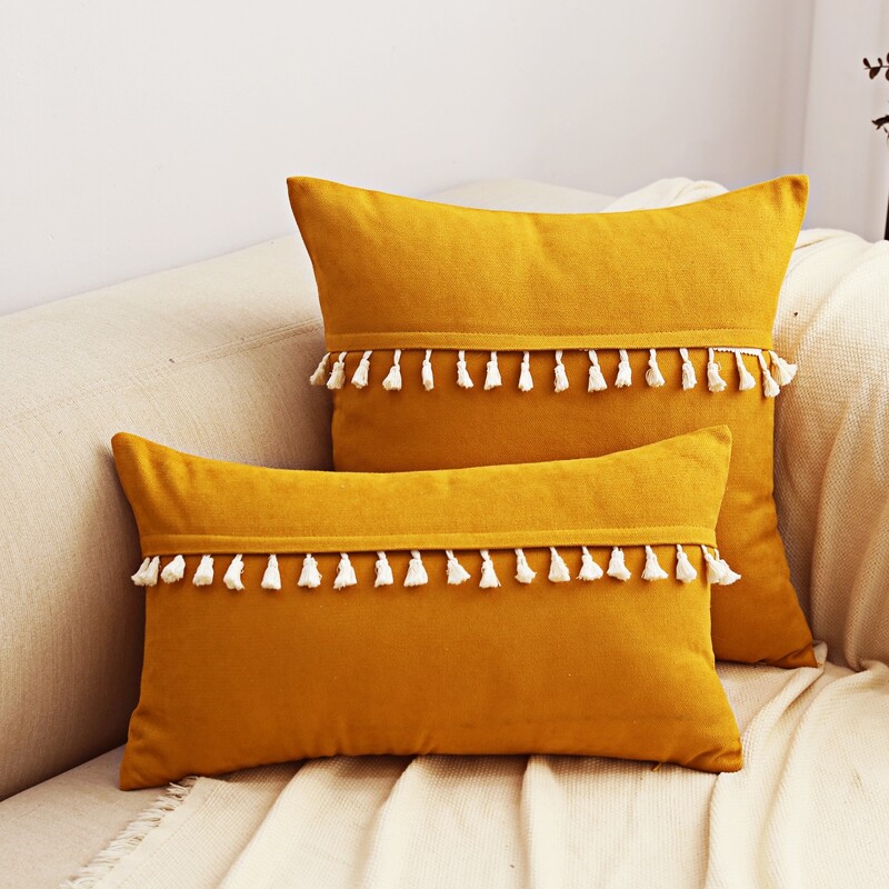 

1pc Tassel Decor Cushion Cover Without Filler, Yellow