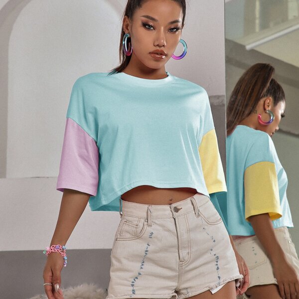 

Drop Shoulder Colorblock Top, Baby blue