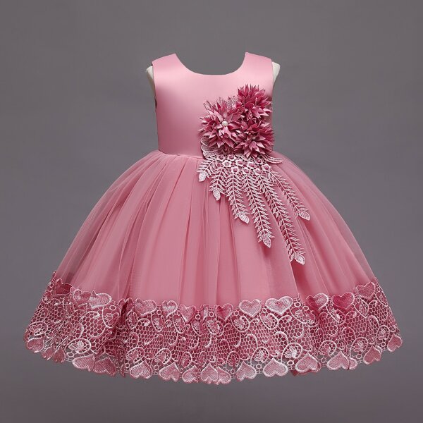 

Girls Appliques Contrast Guipure Lace Gown Dress, Pink