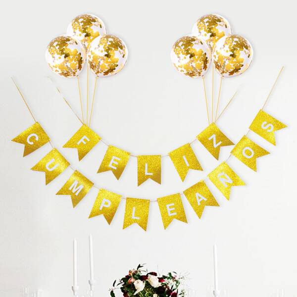 

9pcs Spanish Birthday Pull Flag & Balloon Set, Gold
