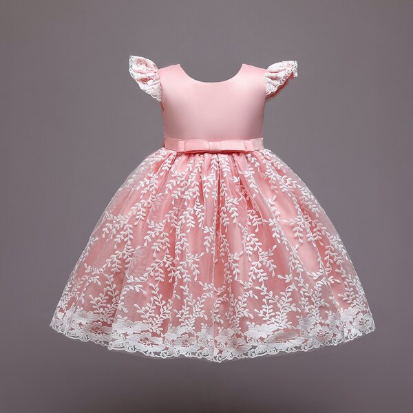 

Girls Embroidery Mesh Bow Back Gown Dress, Baby pink