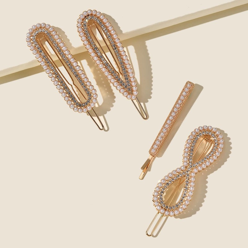 

4pcs Faux Pearl & Rhinestone Hair Clip, Gold