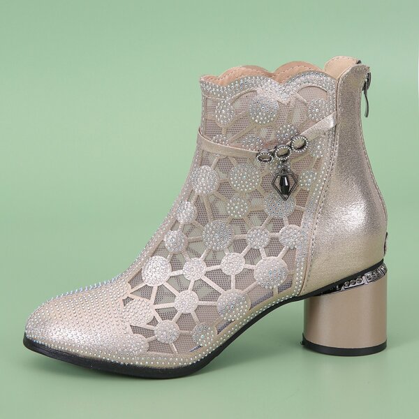 

Rhinestone Decor Mesh Panel Zip Back Chunky Boots, Gold