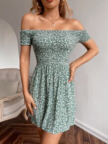 SHEIN VCAY Ditsy Floral Off Shoulder Shirred Dress - Green - View 1