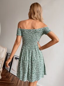 SHEIN VCAY Ditsy Floral Off Shoulder Shirred Dress - Green - View 2
