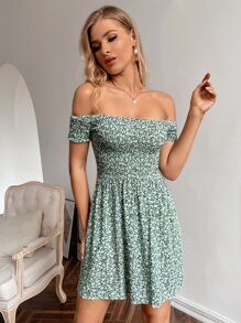 SHEIN VCAY Ditsy Floral Off Shoulder Shirred Dress - Green - View 5
