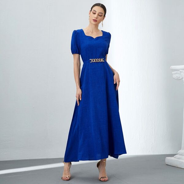 

Solid Sweetheart Neck Chain Detail Belted Dress, Royal blue