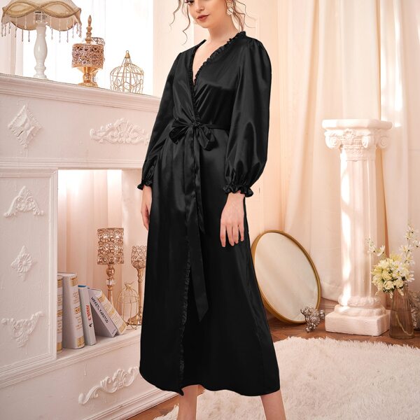 

Frill Self Tie Satin Night Robe, Black