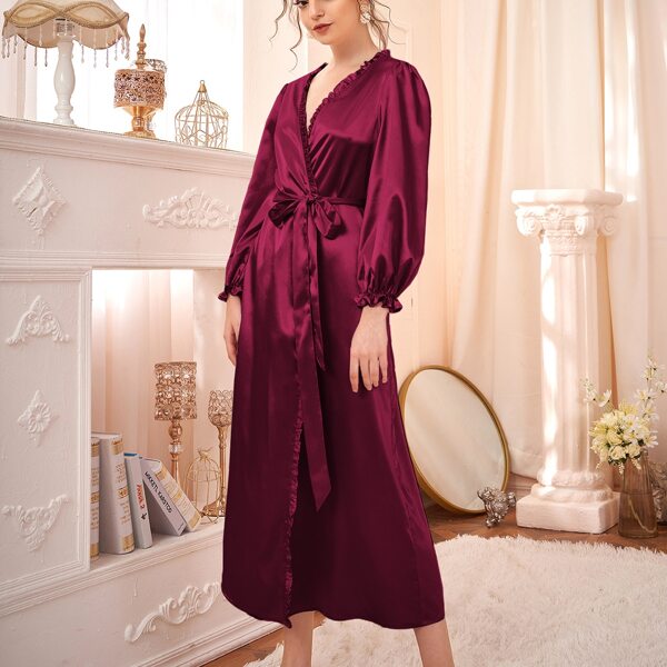 

Frill Self Tie Satin Night Robe, Burgundy