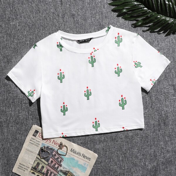 

Cactus Print Crop Tee, White