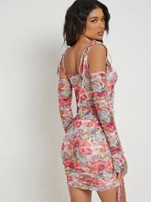 SHEIN Floral Print Open-Shoulder Ruched Drawstring Dress - Multicolor - View 2