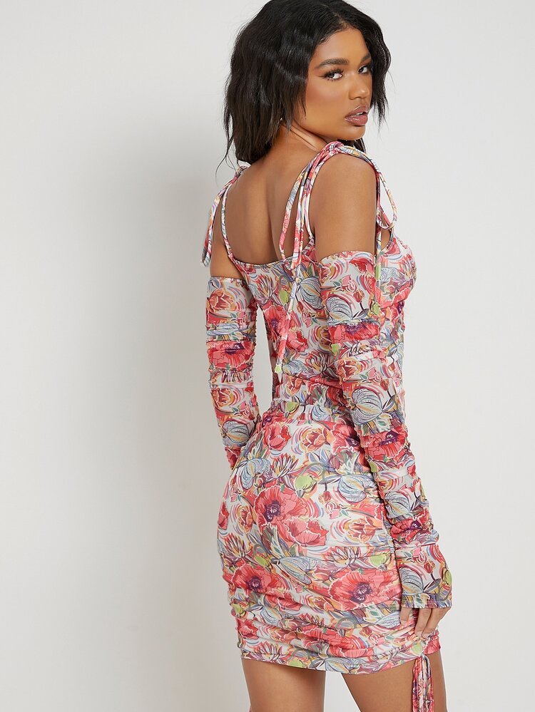 SHEIN 繫肩帶抽繩花卉網紗洋裝附帶可拆卸袖 - 彩色 - 查看 2