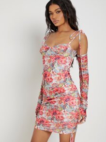 SHEIN Floral Print Open-Shoulder Ruched Drawstring Dress - Multicolor - View 3