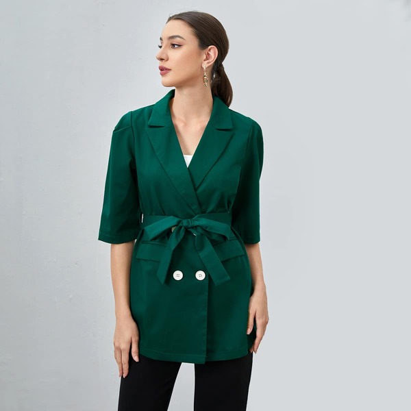 

Solid Belted Double Breasted Blazer, Dark green