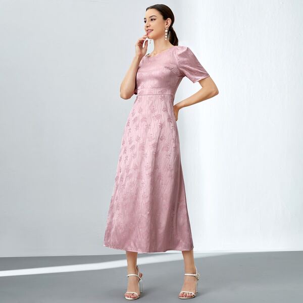 

Floral Jacquard Puff Sleeve Dress, Pink