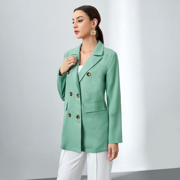 

Double Breasted Lapel Neck Solid Blazer, Green