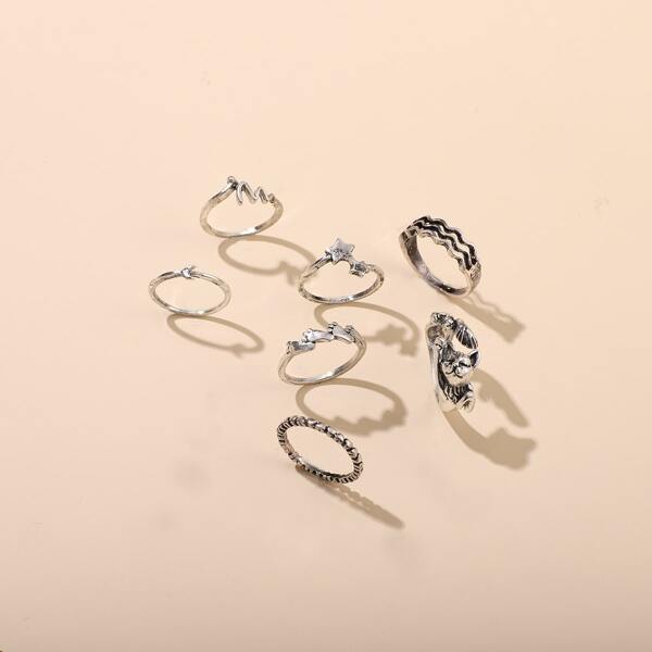 

7pcs Star Decor Ring, Antique silver