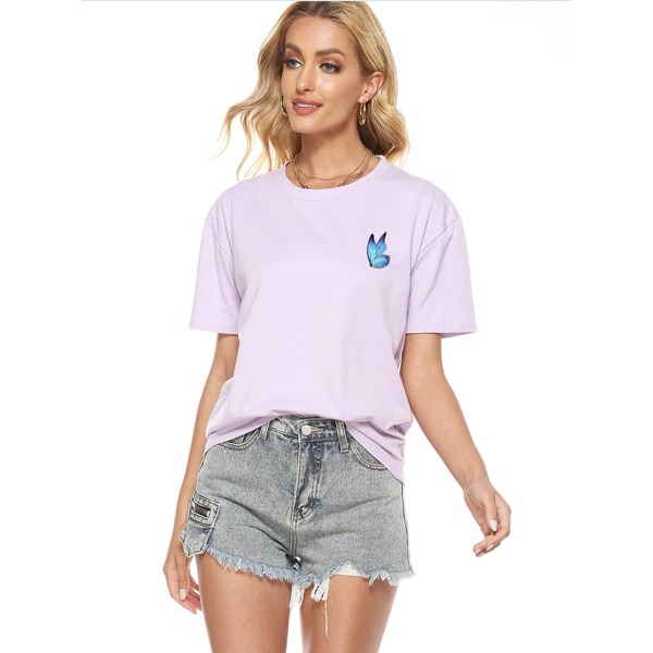 

Butterfly Print Drop Shoulder Tee, Lilac purple