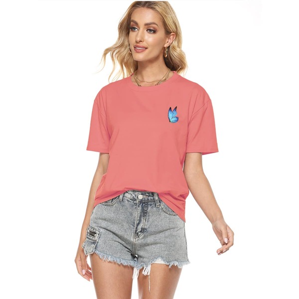 

Butterfly Print Drop Shoulder Tee, Coral pink