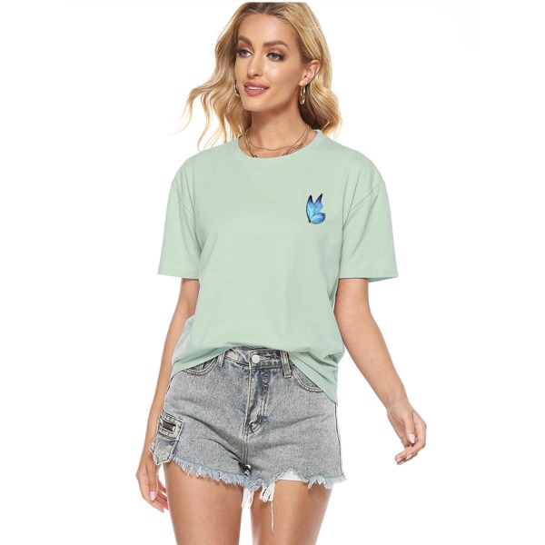 

Butterfly Print Drop Shoulder Tee, Mint green