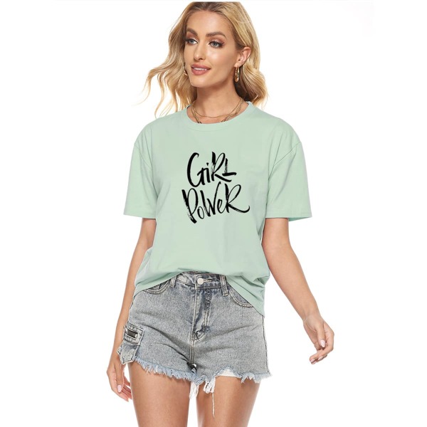 

Slogan Graphic Drop Shoulder Tee, Mint green