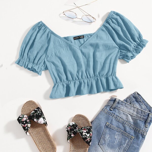 

Allover Print Sweetheart Neck Ruffle Hem Crop Blouse, Baby blue