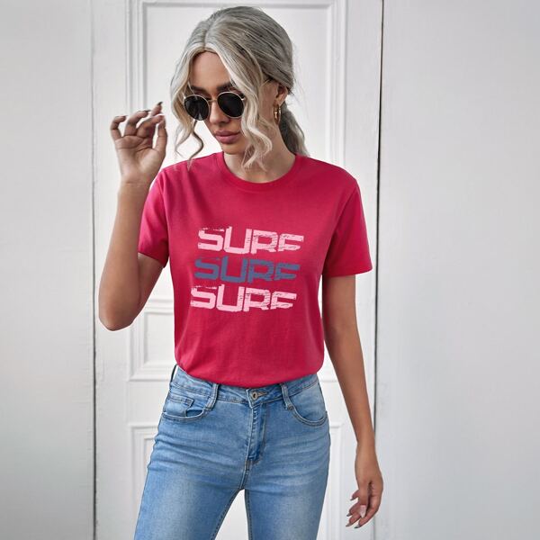 

Letter Graphic Crew Neck Tee, Rose red