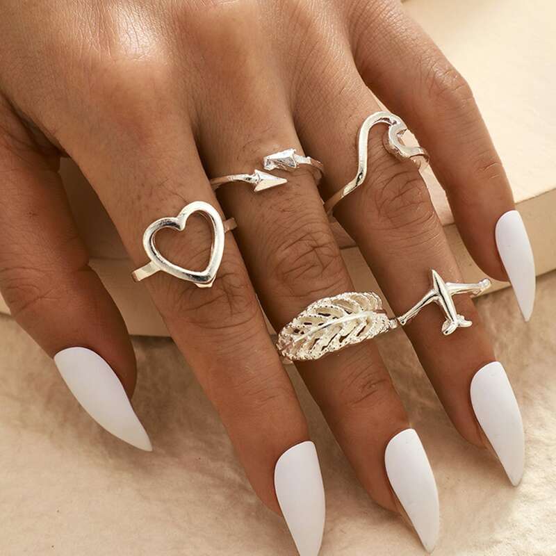 

5pcs Heart & Plane Ring, Silver