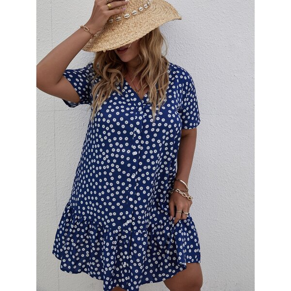 

Plus Ditsy Floral Print V-neck Ruffle Hem Dress, Blue