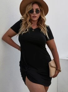 Calvaya Đầm Plus Size xoắn lại màu trơn Giải trí - màu đen - Xem 3