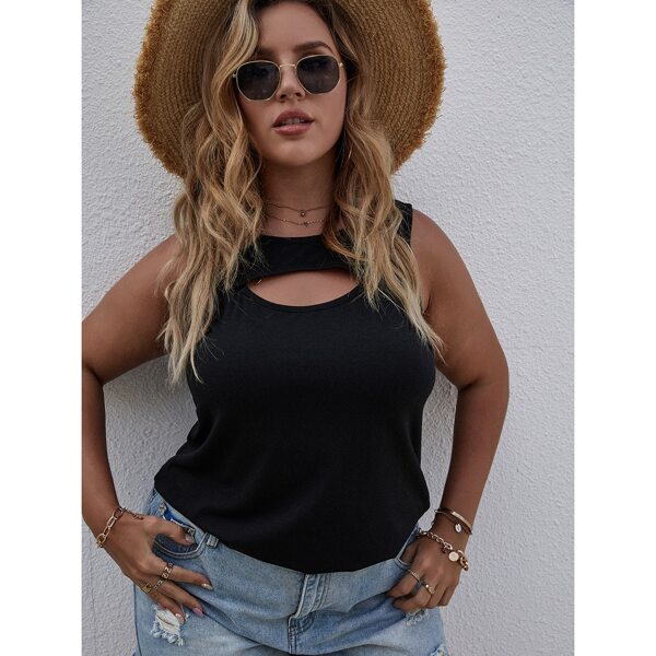 

Plus Cut Out Solid Tank Top, Black