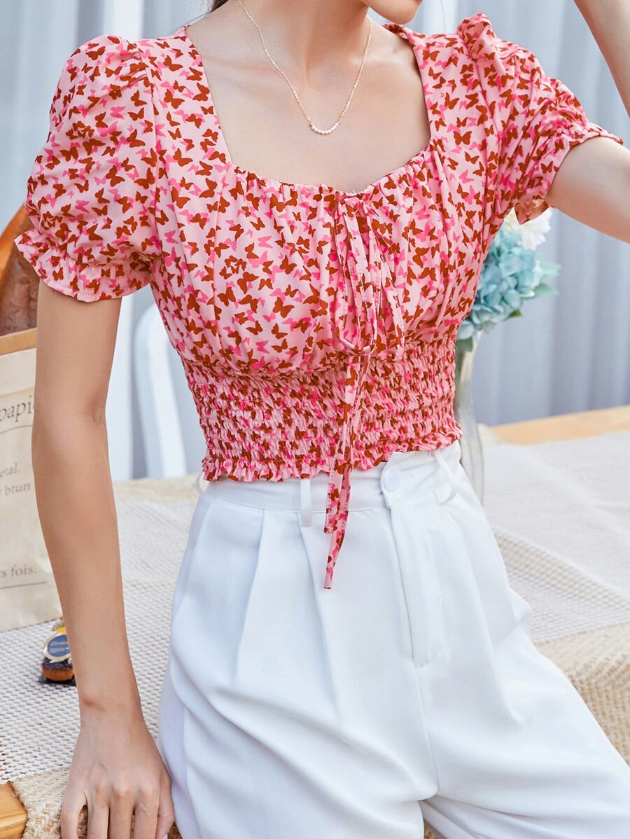 Mulvari Butterfly Print Knotted Shirred Crop Blouse - Pink - View 1