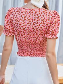 Mulvari Butterfly Print Knotted Shirred Crop Blouse - Pink - View 2