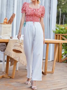 Mulvari Butterfly Print Knotted Shirred Crop Blouse - Pink - View 3