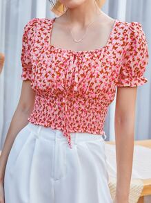 Mulvari Butterfly Print Knotted Shirred Crop Blouse - Pink - View 4