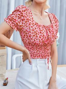 Mulvari Butterfly Print Knotted Shirred Crop Blouse - Pink - View 6